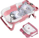 Grismire Baby Pink Bathtub Foldable，Baby Bath Essentials Baby Bathtub Newborn to Toddler Portable Travel Multifunctional Baby Bath Tub with Non-Slip Mat, Drain Hole, with Thermometer