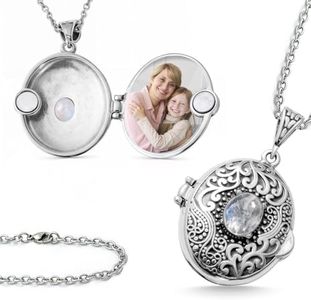 SHOP LC Rainbow Moonstone Picture Locket Necklace for Women Customized Photo Jewelry Memory Personalized Mothers Day Gifts for Women Stainless Steel Chain 24'' Birthday Mothers Day Gifts