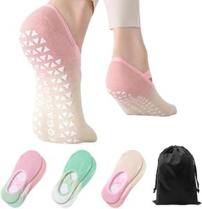 voofly Cute Pilates Socks with Grips for Women Non Slip Grippy Yoga Socks for Barre Dance (3 Pairs,Beige Pink Green)