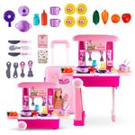 Baybee 3 in 1 Portable Kitchen Set for Kids with Electronic Stove, Light & Sound Effects, Cooking Accessories, Suitcase Storage & Chef Role Play Toy for Boys & Girls (Pink)