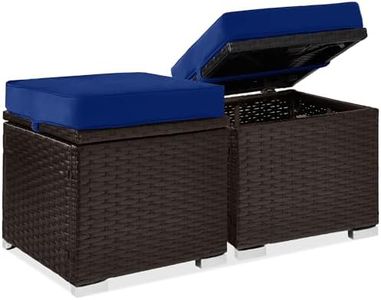 Best Choice Products Set of 2 Wicker Ottomans, Multipurpose Outdoor Furniture for Patio, Backyard, Additional Seating, Footrest, Side Table w/Storage, Removable Cushions - Navy/Brown