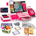 maysida Kids Cash Register Toy Playset, Toddler Prentend Play Store with Real Calculator Cash Register with Scanner/Credit Card/Play Money/Food, Learning Toys for Boys Girls Toddlers(Pink)