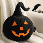 Phantoscope Happy Halloween Pumpkin Shaped Throw Pillow, Teddy Fleece Jack-o’-Lantern Pumpkin Pillow, Ultra Soft Sherpa Fall Decorative Halloween Cushion Pillow, Black, 9.5 x 9.5 inches