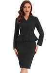 Allegra K Business 2 Piece Suit Set for Women's Long Sleeve Collarless Peplum Blazer Pencil Skirts Black S