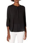 NYDJ Women's Solid 3/4 Sleeve Henley Pleat Back Blouse, Black, Medium