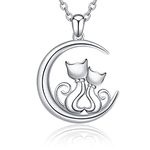 Gifts for Cat Lovers Sterling Silver Mother and Child Cat Moon Pendant Necklace Jewelry Gift for Mom Mother Daughter (Silver cat necklace)