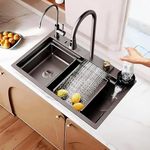 COOTER Waterfall Kitchen Sink 304 Grade 30x18'x9 Inch Anti Scratch Design With Integrated Waterfall and Pull-down Faucet Set Stainless Steel All In One Kitchen Sink Nano Coated