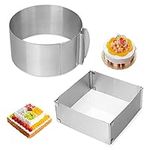 HMIN Adjustable Cake Mold Mousse Ring, Heavy Duty 6-12 Inch Round Cake Ring Mold and 6.1-11 Inch Square Cake Mold Cake Ring Set of 2 (Round&Square)