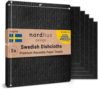 Nordhus Design Large Swedish Dishcloths, 5 Black Cloths, Made in Sweden - 8x9 inch Reusable, Washable Cotton Kitchen Cloths Replace Paper Towels, Wipes, Sponges, Dish Rags, Pitch Black, Large 5 pack