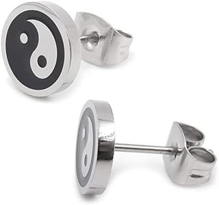 Pair Stainless Steel Silver Black Ying Yang Post Stud Earrings 8mm