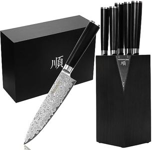 YOUSUNLONG Kitchen Knife Set - 5 Piece Knife Set With Natural Fraxinus Americana Wood Knife Holder - Ultra Sharp High Carbon Japanese Damascus Steel Blade - Natural Ebony Handle