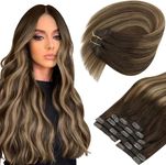 Sunny Hair Clip in Hair Extensions Human Hair Balayage Hair Extension Clips for Women Dark Brown with Caramel Blonde Balayage Clip Hair Extensions Real Human Hair Short Hair Extensions