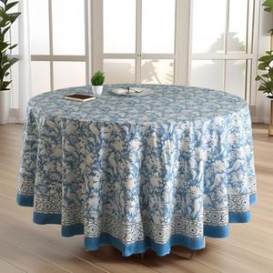 CPC Round Tablecloth- Cotton Indian Block Print Tablecloth -Handmade Printed Washable Cotton Table Cloth - Spring/Summer, Weding Table Cover - Blue Sapphire 120 Inch