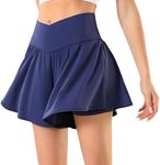 Maxbee Womens Tennis Skirt with Pockets Crossover High Waisted Athletic Shorts Golf Skorts Flowy Running Workout Shorts Navy Blue