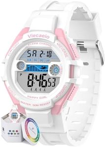 Viecasia Girls Digital Watch,Colorful Lights, Alarm,Sports Timekeeping, Waterproof 50 Meters, Impact Resistant, Gift for 5-17 Years Old Kids (White/Pink)