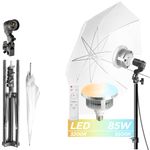 LimoStudio (LED Super Bright) 85W Next Gen. Remote Bulb, 6300 Lumen, 3200K-5500K Color Control, 33 in. White Umbrella Reflector, Upgraded 11 ft. Cable Light Socket, Photo Studio Lighting Kit, AGG1754