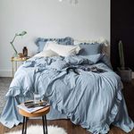 SUSYBAO Blue Ruffled Duvet Cover Queen 100% Washed Cotton Light Blue Ruffle Duvet Cover 3 Pieces Set 1 Shabby Chic Lace Duvet Cover with Zipper Ties 2 Pillow Shams Rustic Soft Blue Bedding Set Durable