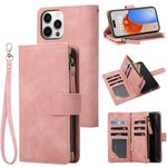 RANYOK Wallet Case for iPhone 15 Pro Max with Card Holder, Premium PU Leather with RFID Blocking Zipper Flip Folio Wallet Wrist Strap Magnetic Clasp Kickstand Protective Case -6.7 Inch (Pink)