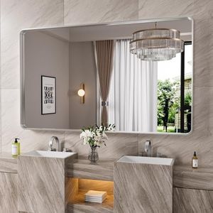 JISOSO Brushed Nickel Bathroom Mirror 72x36 Inch, Brushed Silver Metal Frame Mirror Wall Mounted, Rounded Rectangle Bathroom Vanity Mirror, Tempered Glass, Anti-Rust, Horizontal/Vertical