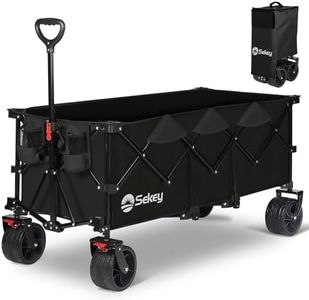 Sekey 48''L Collapsible Foldable Extended Wagon with 440lbs Weight Capacity, Heavy Duty 300L Folding Utility Garden Cart with Big All-Terrain Beach Wheels & Drink Holders. Black