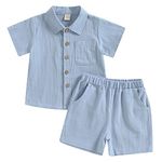 ZZLBUF Baby Boy Clothes Set Cotton Linen Solid Color Short Sleeve Button Down T-Shirt Tops and Shorts 2Pcs Summer Outfit Set (A1# Blue, 6-12 Months)