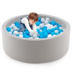 GYMAX Kids Ball Pit, Soft Foam Ball Pool with 200 Ocean Balls, Storage Mesh Bag & Washable Cover, 90x90x30cm Round Balls Pit for 1-6 Years Old Boys Girls (Grey+White+Blue Balls)