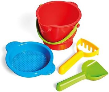 Hape Beach Basics Sand Toy Set, 4pc Kids Outdoor Play Set with Bucket, Sifter, Rake & Shovel -Fun & Durable Beach Toys for Digging & Building, Child-Safe & Non-Toxic for Ages 18M+