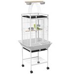 PawHut 61.5 Inch Bird Cage Parrot Parakeet House for Cockatiel with Stand, Pull Out Tray, Play Top, Storage Shelf, Wood Perch, Food Container, White