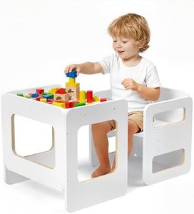 Tilhumt Toddler Table and Chair Set, Montessori Weaning Table and Chair Set for 1-3 Age Kids, 3 Adjustable Height Chair & Activity Table with Fence, Step Stool for Eating, Play, Drawing, Learning