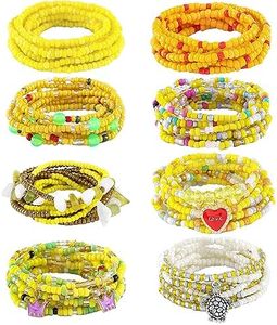 ELABEST 50” Tie-on African Waist Beads for Women Non Stretching 8Pcs Belly Beads Plus Size Colorful Handmade Beaded Waist Jewelry Accessories Body Chain(Yellow)
