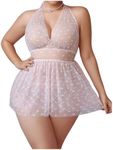 OYOANGLE Women's Plus Size 2 Piece Heart Print Mesh Sheer Chemise with Thongs Babydoll Lingerie Set Pink 3X-Large Plus