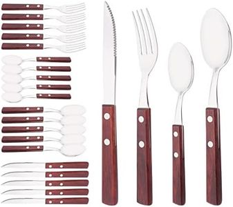 Uniturcky Wooden Handle Flatware Set, Knives Forks Spoons Set for 6, 24-Piece 304 Stainless Steel Kitchen Utensils Set, Silverware Set with Wood handles, Red Wood with Rivet & Retro Style Cutlery