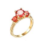 Beydodo Promise Rings for Her Yellow Gold Plated, Anniversary Rings for Woman with 3 Stones Red Cubic Zirconia, Size N 1/2