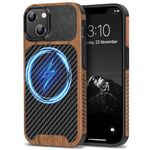 TENDLIN Magnetic Case Compatible with iPhone 14 Plus Case Wood Grain with Carbon Fiber Texture Design Leather Hybrid Slim Case (Compatible with MagSafe) Black