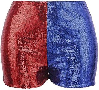 HDE Women's Plus Size Red Blue Sequin Shorts for Harley Misfit Halloween Costume, Red and Blue, 3X