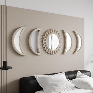 WAKOSAN Wall Mirror, Moon Phase Mirror Set, Wall Decor for Bedroom, Bohemian 5PCS Wooden and Real Glass Mirror with Crystal Clear Reflection, Gothic Decor, Multi-Angle Installation (White)