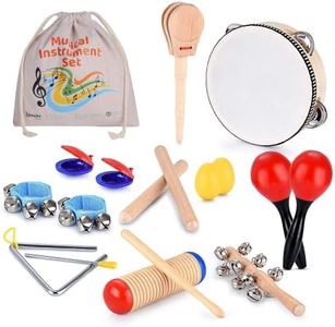 Musical Instrument Set 16 PCS | Rhythm & Music Education Toys for Kids | Clave Sticks, Shakers, Tambourine, Wrist Bells & Maracas for Kids | Natural Toys with Carrying Case by Boxiki Kids