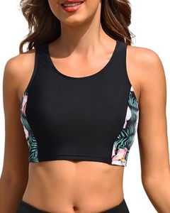 Tempt Me Women Black Floral Sports Bra Swimsuit Scoop Neck Racerback Swim Crop Top Padded Bathing Suits Top XS