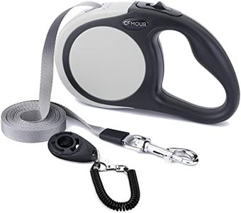 CFMOUR Retractable Dog Lead, 5m/50kg Grey Heavy-Duty Extendable Dog Leads for Medium to Large Dogs; Strong Nylon Tape Ribbon Leash, One-Button Brake&Lock, Bonus Training Clicker