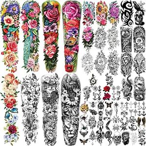 55 Sheets Temporary Tattoo for Men and Women, Fake Tattoos Temporary for Adults Kids, Flower Skull Body Arm Shoulder Tattoos Stickers Waterproof Realistic Tattoos Long-Lasting