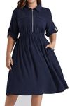 Hanna Nikole Women's Plus Size V-Neck Lapel A Line Dresses Adjustable 3/4 Sleeve Midi Dresses Elastic Waist Casual Midi Dresses with Pockets Dark Blue 20