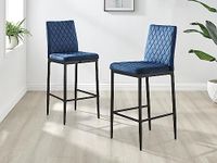 Furniturebox UK Milan Bar Stool - Set of 2 Breakfast Bar Stools - Premium Dining Room Chairs - Contemporary & Luxurious Hatched Diamond Velvet Dining Seats (2x Navy Blue Velvet Black Leg Chairs)