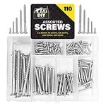 110pk Wood Screws Assortment | Countersunk Screw Set with Storage Box for DIY and Repairs | Mixed Steel Screws for Wood | Self Tapping Assorted Screws Wall | Flat Head Screws