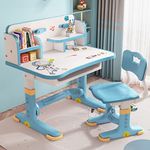 Kids Desk and Chair Set, Height Adjustable Children Study Desk, Golden Distance Preventing Myopia Design, Children Study Desk with Spacious Storage Drawer for Boys Girls School Home Study Tool (Blue)