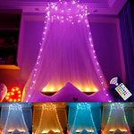 Pooqla Bed Canopy with RGB Star String Light, Bed Curtains with 100 LED Color Changing Light, Bed Tent for Adults Baby Girl's Room Decoration, Dome Mosquito Net for Single to King Size Beds