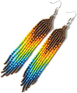 Long Beaded Dangle Earrings – Boho Native Handmade Seed Bead Tassel Bohemian Large Statement Drop Fringes for Women and Girls (Brown & Yellow)
