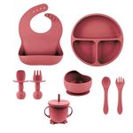 Silicone Baby Feeding Set,BPA Free Silicone Toddler Flatware Set,Baby Led Weaning Supplies Includes Baby Divided Suction Plate,Suction Bowls,Adjustable Bib,Cup with Straw,2 Spoons,2 Forks（Dark Pink)