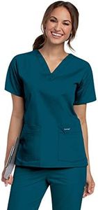 Landau Women's Durable and Comfortable 4-Pocket V-Neck Scrub Top Shirt, Caribbean Blue, Medium