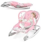 INFANS Baby Rocker, 2 in 1 Foldable Comforting Rocking Chair & Stationary Seat, 3-Position Adjustable Backrest, Removable Toy-Bar & Safety Belts, Portable Baby Bouncers for Infants to Toddlers (Pink)