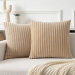 Kevin Textile Throw Pillow Covers Soft Corduroy Decorative Set of 2 Boho Striped Pillow Covers Pillowcases Farmhouse Home Decor for Couch Bed Sofa Living Room 18x18 Inch Beige